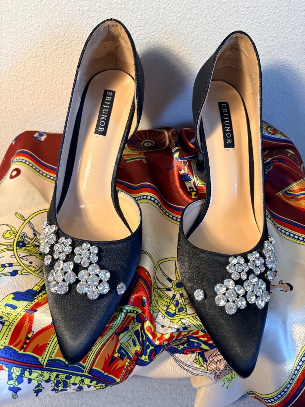 Erijunor Black Satin Dress Heel w/Rhinestones Size 8 1/2